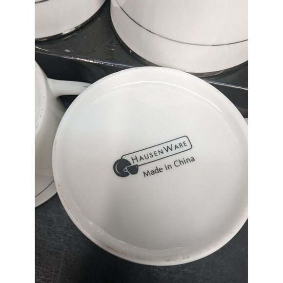 HausenWare White Porcelain Flat Coffee/Tea Cup 8 Oz Silver Rim Set of 4 - Picture 9 of 9